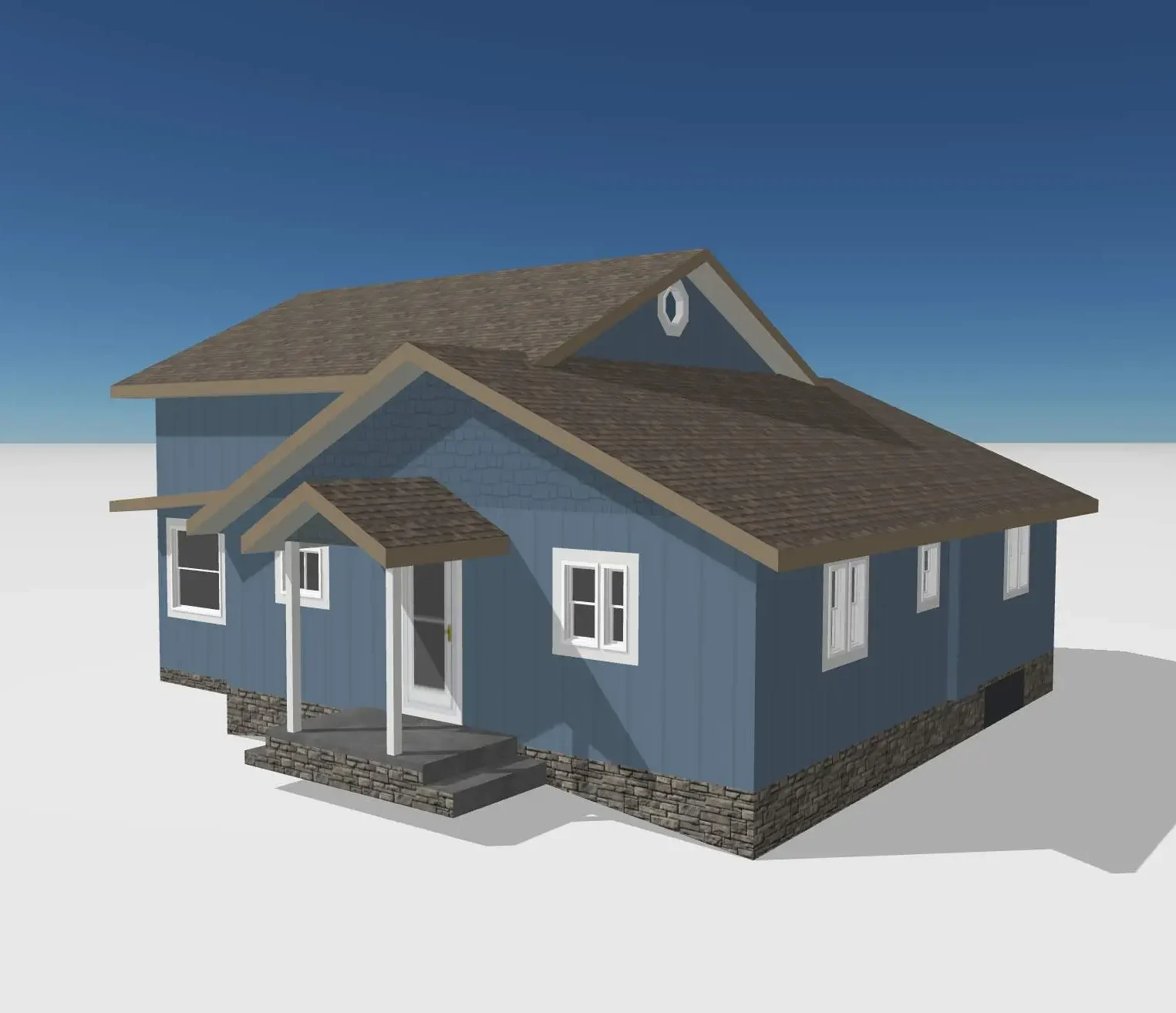 3D rendered model of a blue house with stone foundation, brown shingle roof, and white trim, illustrating a realistic roof and exterior visualization option from the Roofing Visualizer tool.