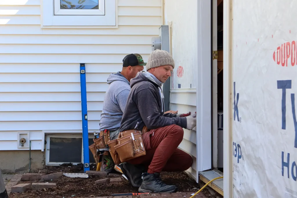 Two siding installation experts outfitting residential exterior with new siding, demonstrating craftsmanship by Performance Roofing & Siding for Siding LP Grand Rapids