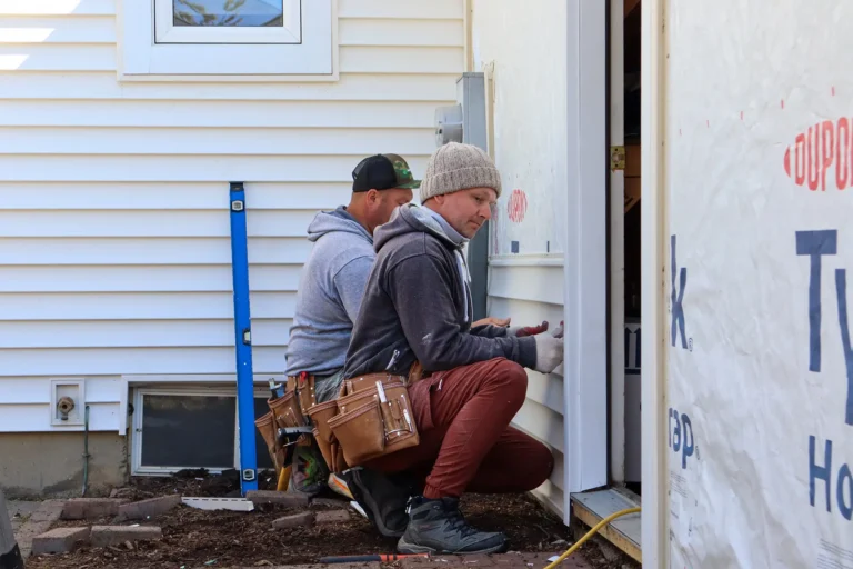 Two siding installation experts outfitting residential exterior with new siding, demonstrating craftsmanship by Performance Roofing & Siding for Siding LP Grand Rapids